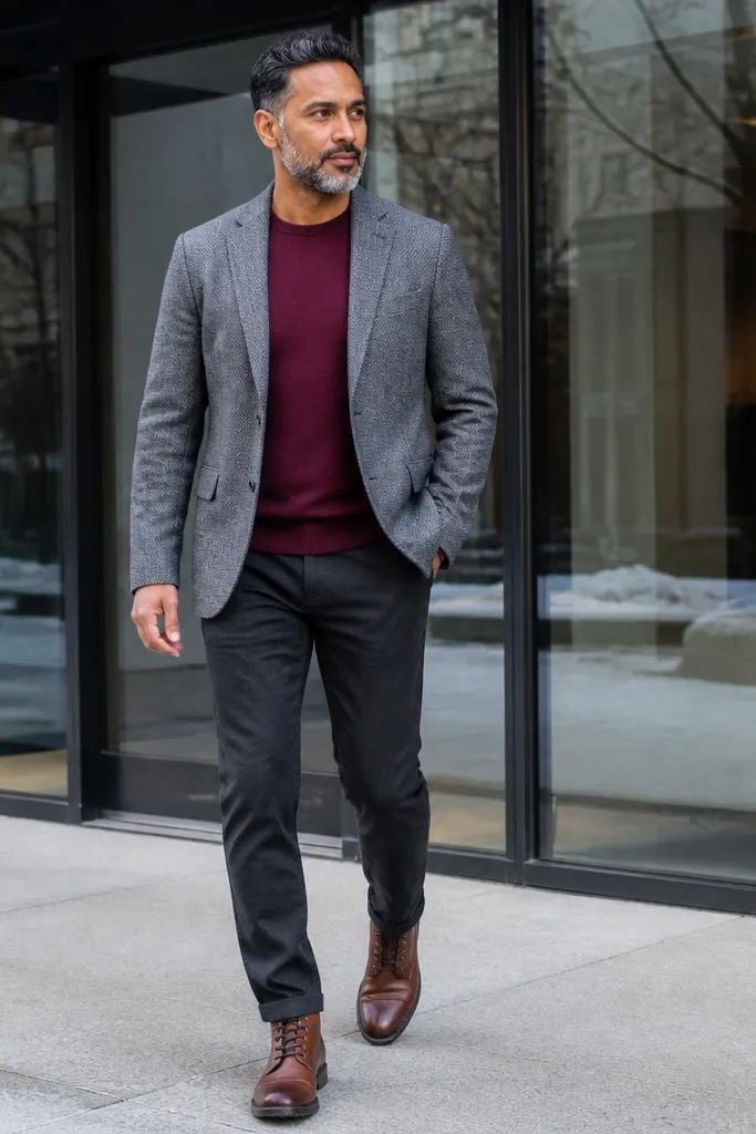 Gray wool blazer with burgundy sweater and dark chinos