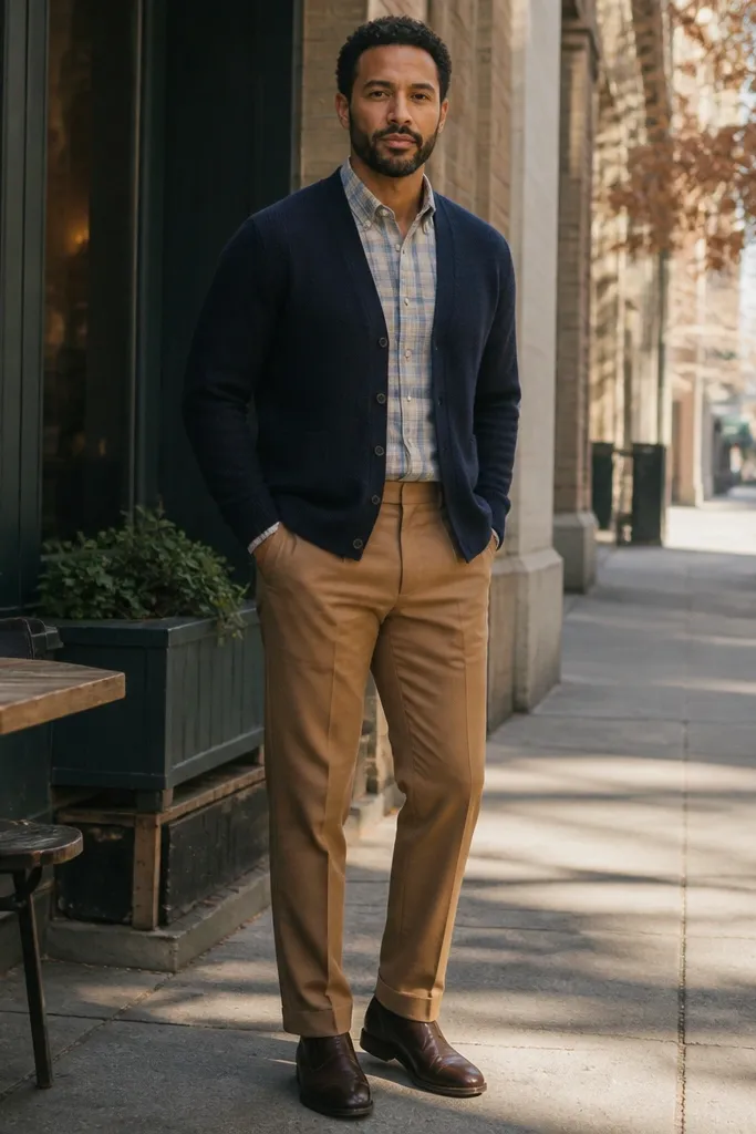 Light plaid flannel with navy cardigan and tan trousers