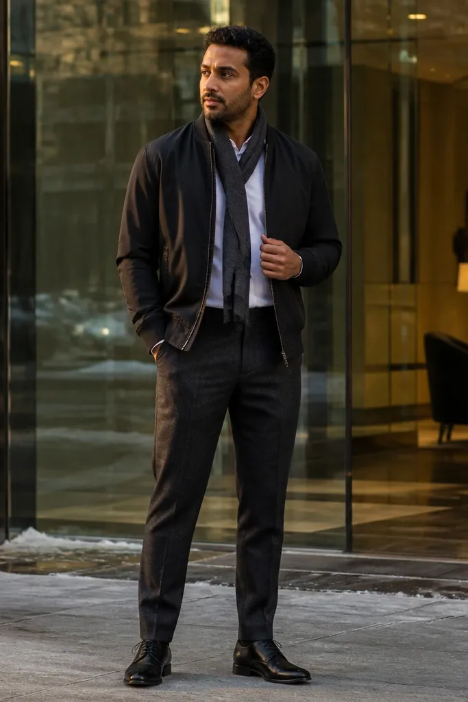 Black bomber jacket over white shirt with wool trousers and black sneakers