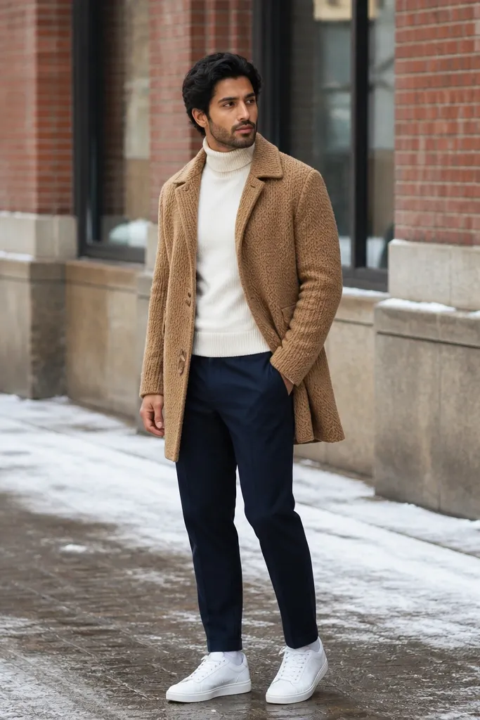 Camel knit coat over navy chinos with a white clean leather sneaker