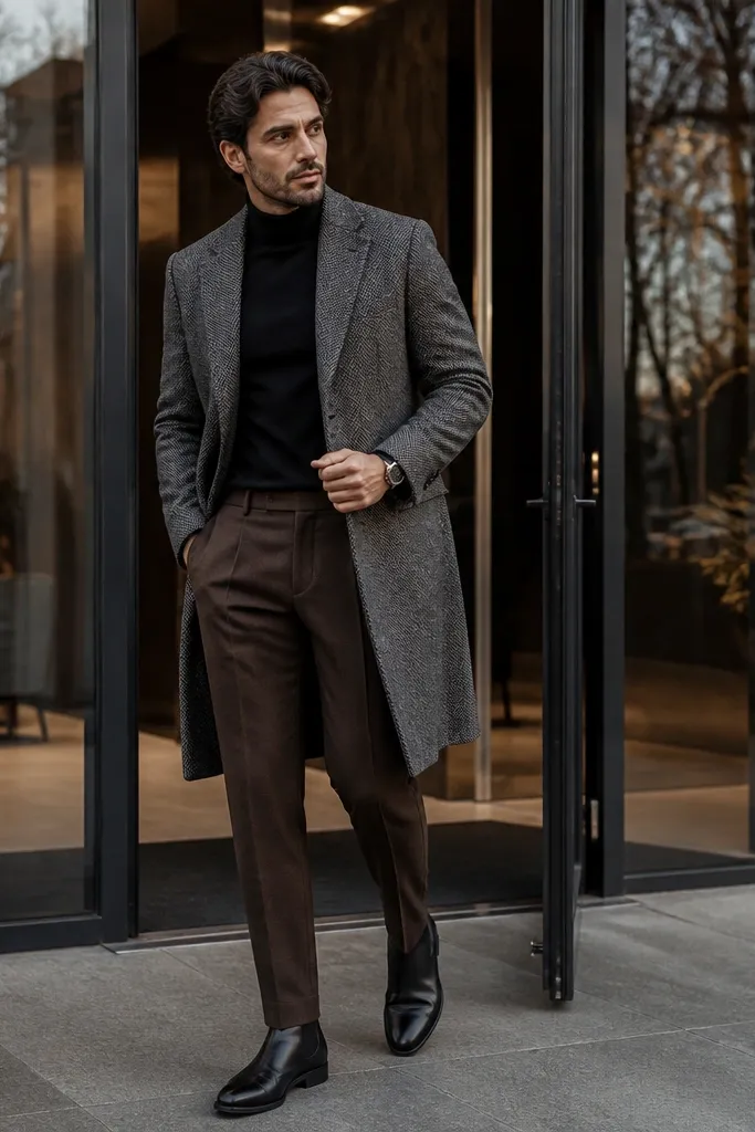 Black turtleneck under gray herringbone overcoat with dark brown trousers and boots
