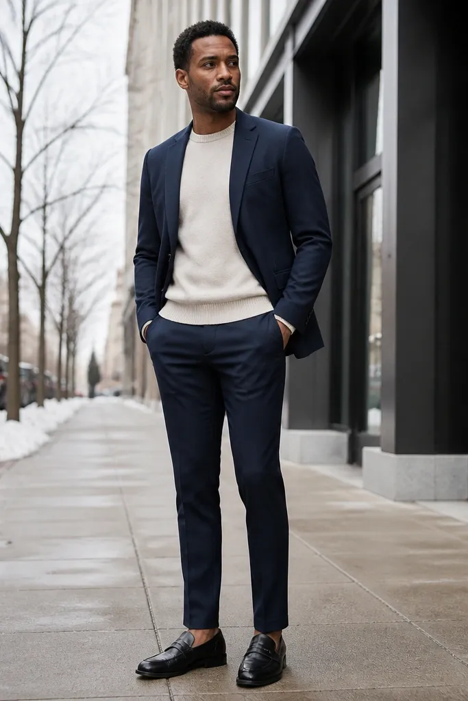Navy suit separates with oatmeal sweater and black loafers