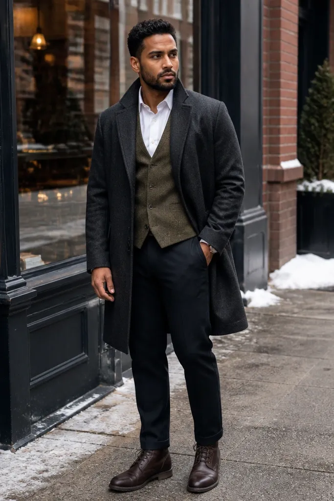 White button-down with olive vest under a charcoal overcoat