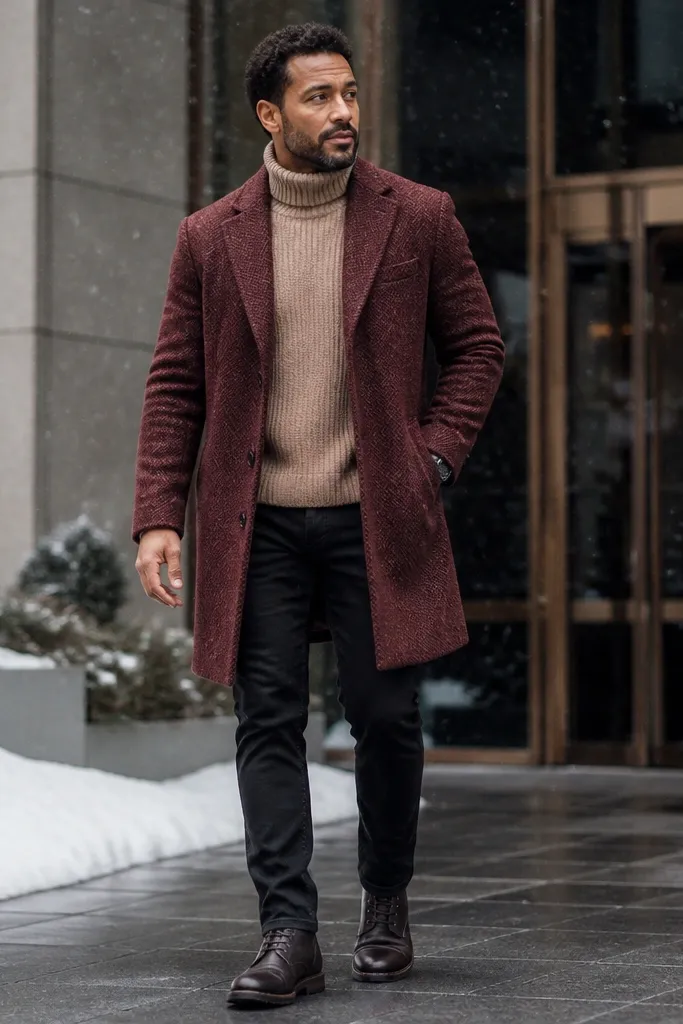 Burgundy overcoat over tan turtleneck with black jeans and dark boots