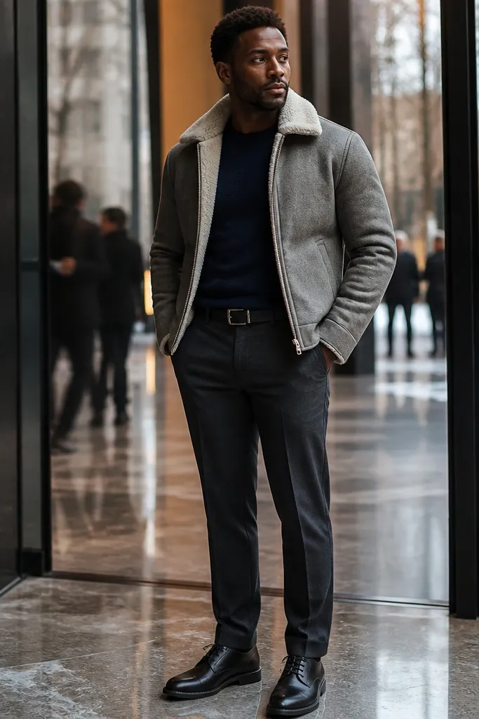 Gray shearling-lined jacket over navy sweater with dark trousers and leather boots