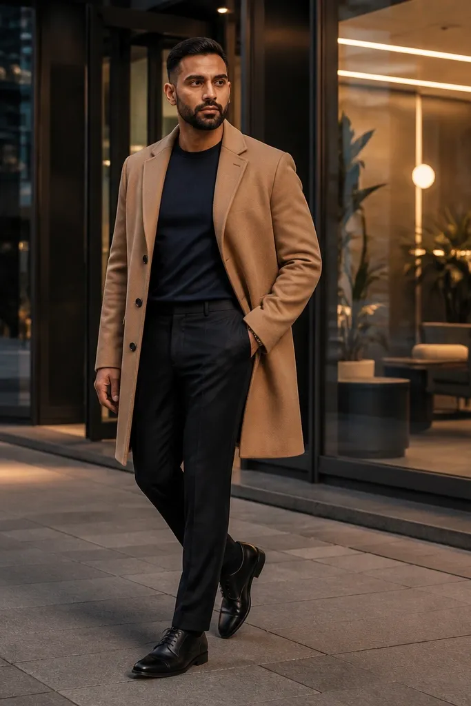 Tan overcoat over navy t-shirt with tailored black chinos and black shoes
