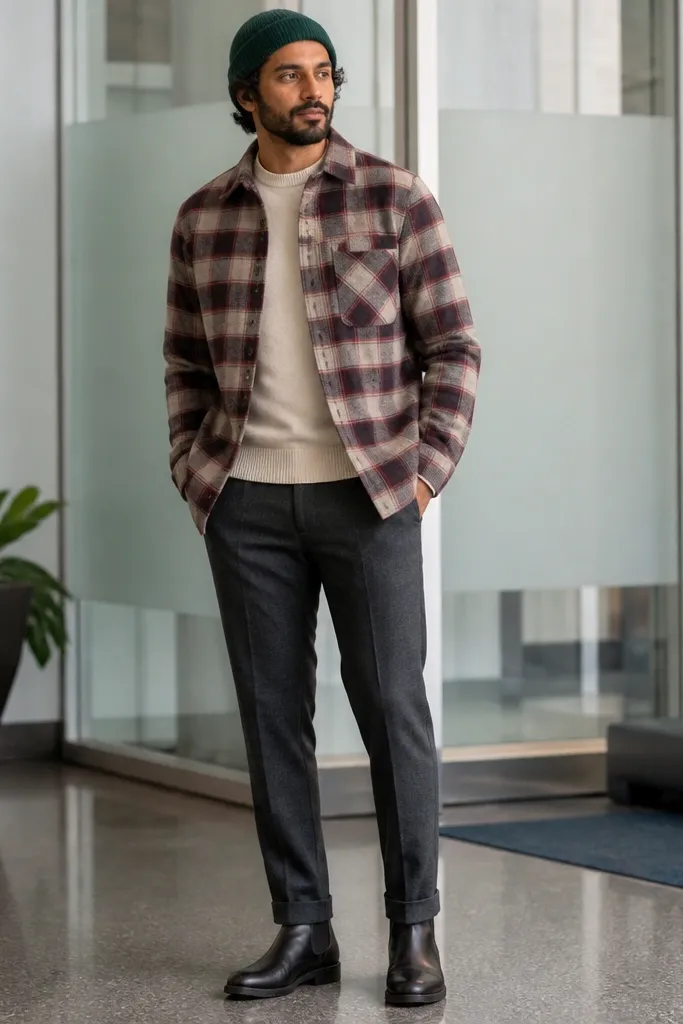Checked flannel overshirt with slim wool trousers and dark boots