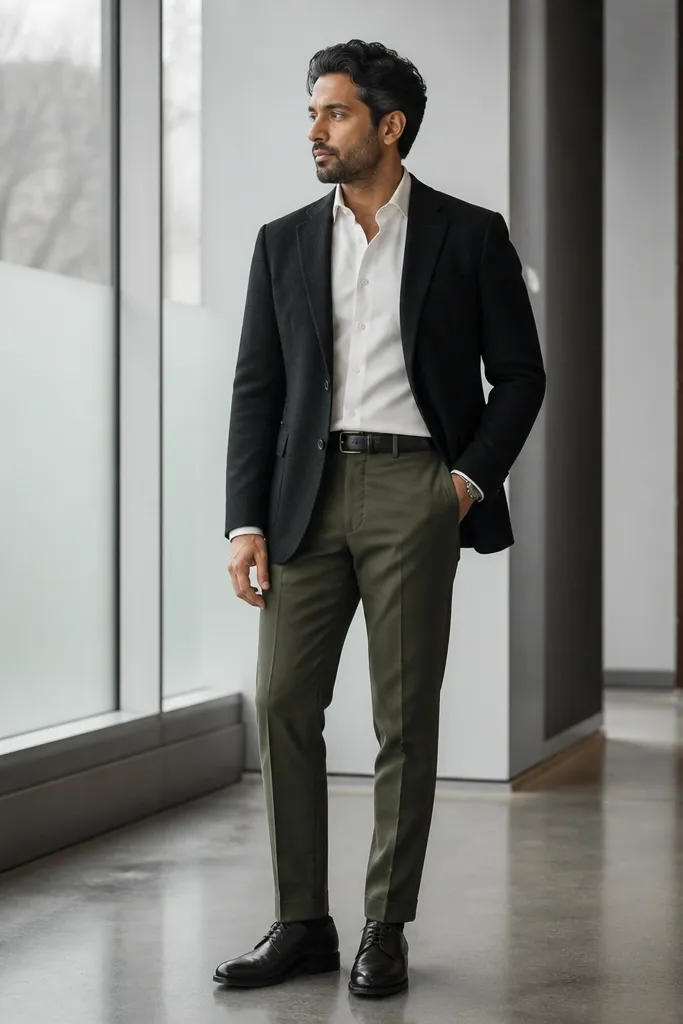 Black wool blazer with cream shirt and olive tapered trousers and black shoes