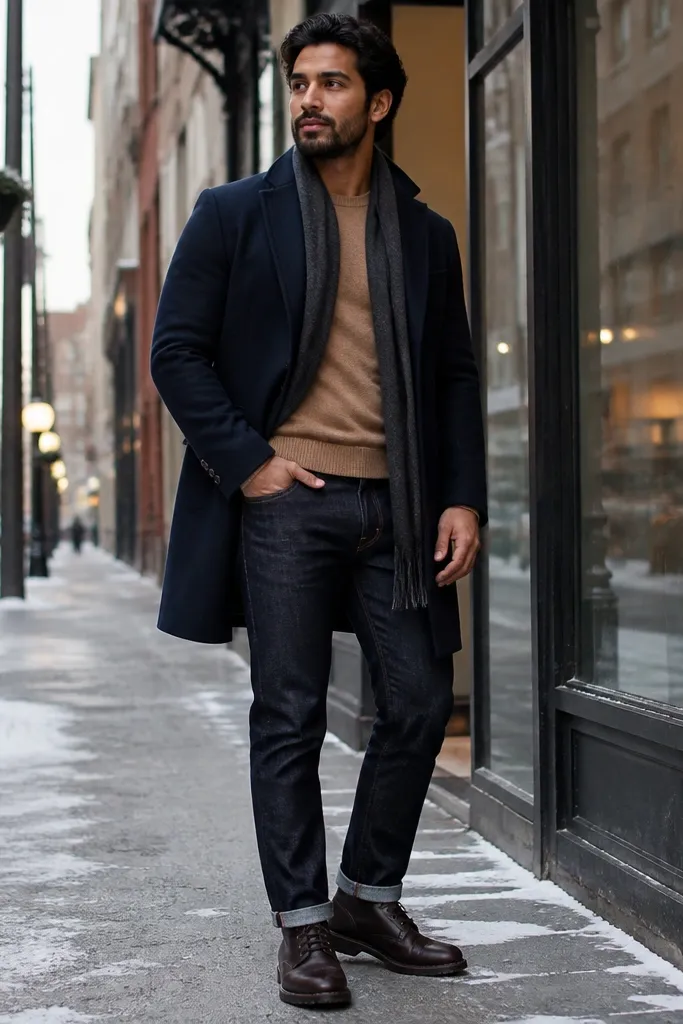Navy overcoat over camel sweater with dark blue selvedge denim and brown boots