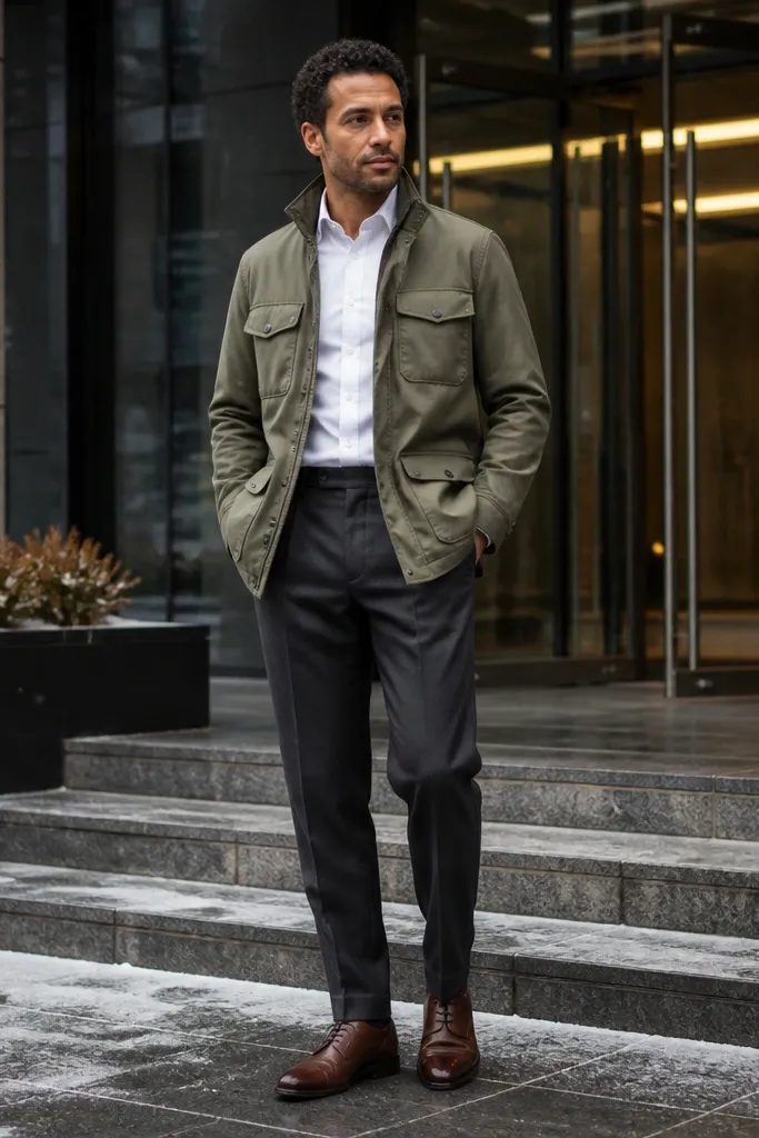 Olive field jacket over white shirt with charcoal pleated trousers and brown shoes