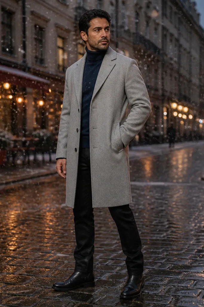 Navy turtleneck under light gray overcoat with black leather boots