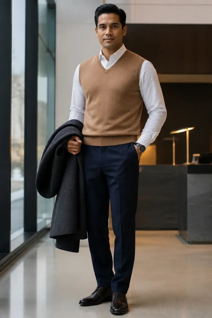 Camel sweater vest over white shirt with navy trousers and loafers