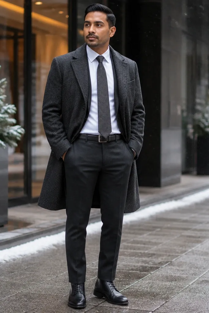 Charcoal overcoat with white shirt and knit tie and dark trousers