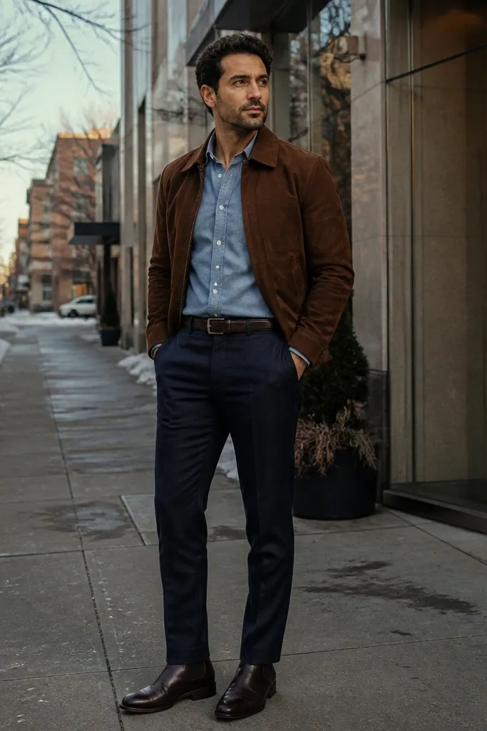 Brown suede jacket over chambray shirt with navy wool trousers and tan boots