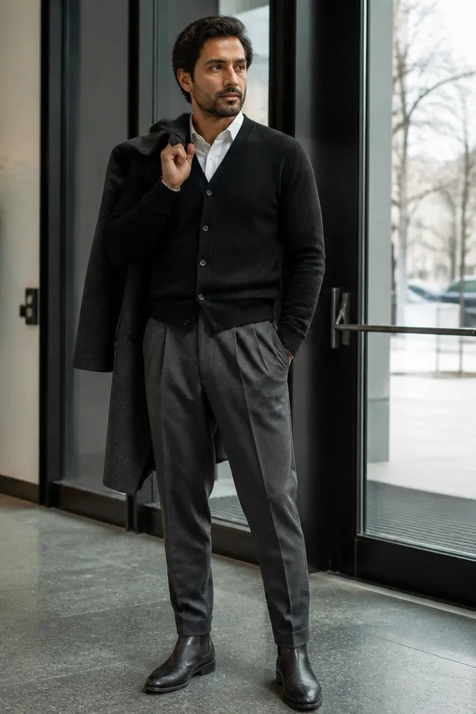 Black knit cardigan over white shirt with gray pleated pants and black loafers