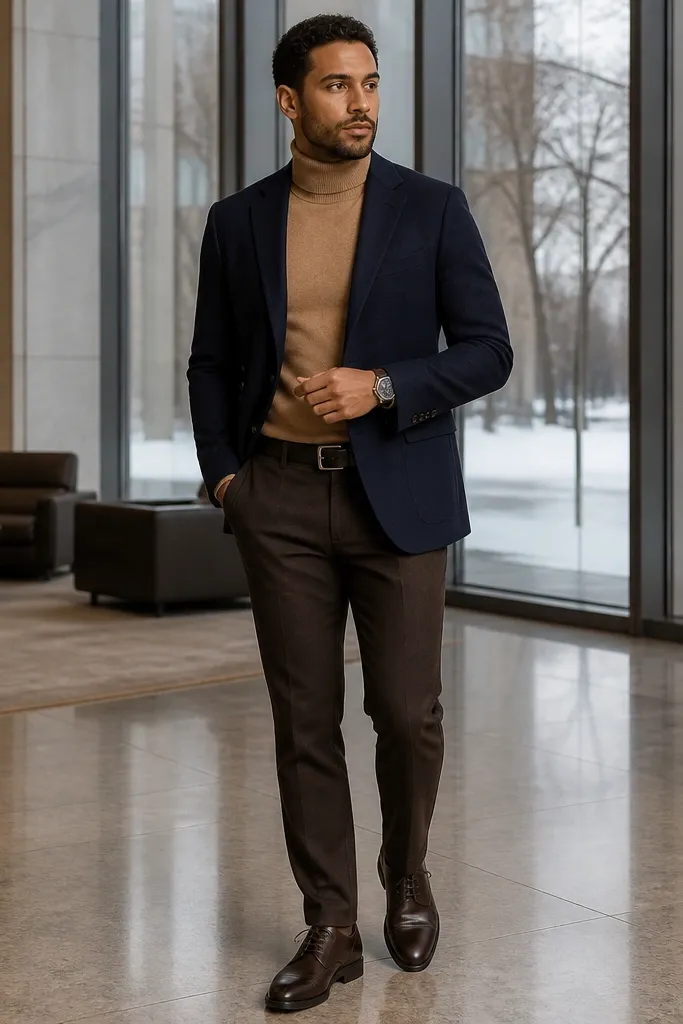 Navy blazer over camel turtleneck with dark brown chinos and brown shoes