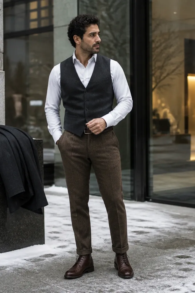White dress shirt with charcoal vest and brown wool trousers