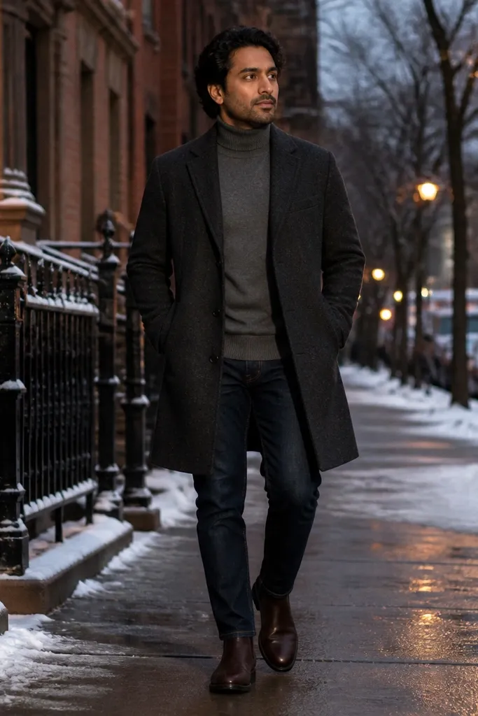 A man wearing a charcoal wool overcoat over a grey turtleneck, paired with medium-wash straight-leg jeans. He has dark brown Chelsea boots with a thick rubber sole and a slight shine. A dark scarf and a brown leather watch strap complete the look.