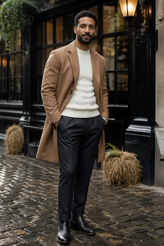 A man in a camel wool coat over a cream cable-knit sweater and dark trousers. He wears black Chelsea boots with a low-profile tread. The outfit includes a grey knit beanie and a simple black leather belt.