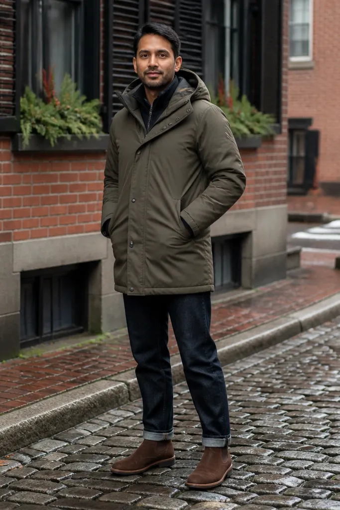 A man wearing an olive green insulated parka over a black crewneck. He has brown suede Chelsea boots and dark jeans cuffed slightly above the boot. A knit beanie and a crossbody bag strap cross his chest.