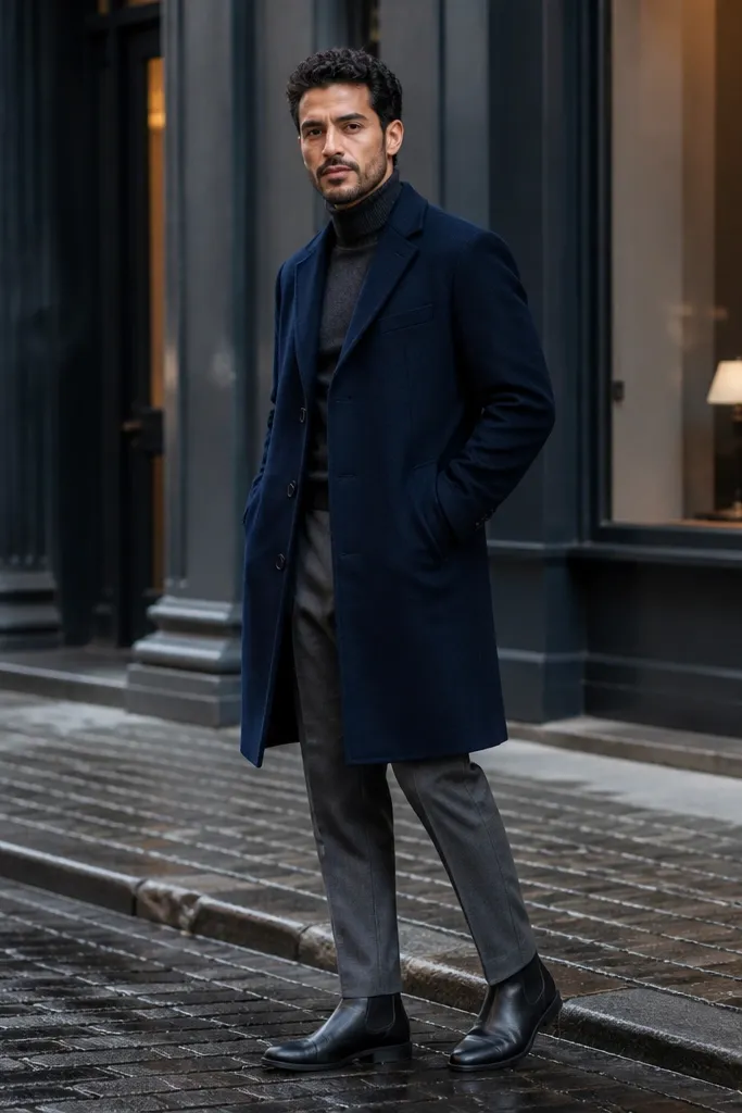 A man in a navy wool overcoat over a light grey sweater. He wears grey flannel trousers with a neat break and black Chelsea boots. A burgundy knit scarf sits at the collar.