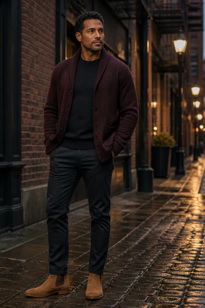 A man wearing a burgundy cardigan-style coat over a cream henley. He has tan Chelsea boots with a rubber sole and dark slim chinos. A small leather crossbody bag and a tan scarf add detail.