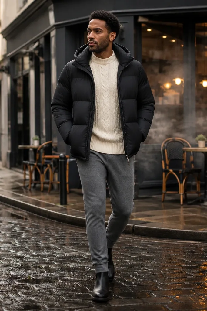 A man in a black puffer jacket over a grey thermal top, wearing grey knit joggers. He has black Chelsea boots with a thick sole and a hood pulled up. A black beanie covers his hair.