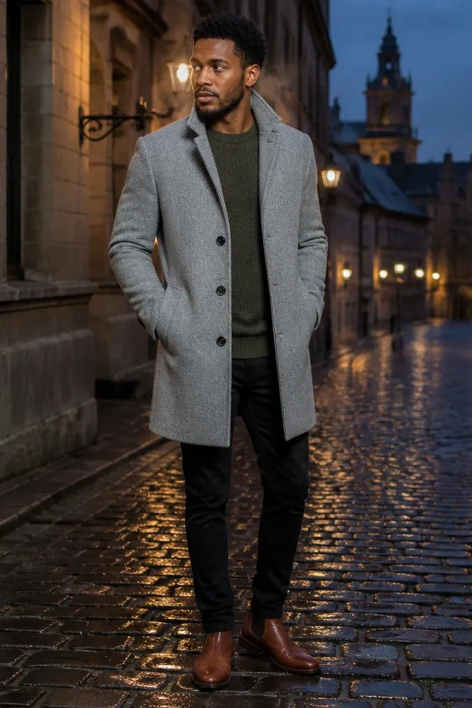 A man wearing a light grey overcoat over an olive crewneck sweater and dark navy trousers. He has dark brown Chelsea boots. The scarf is olive and he wears a dark watch.