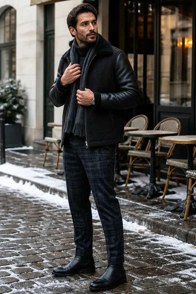 A man in a dark jacket with a shearling collar over a black turtleneck. He wears black Chelsea boots and plaid wool trousers in grey and charcoal. A thick wool scarf in black and white sits around his neck.