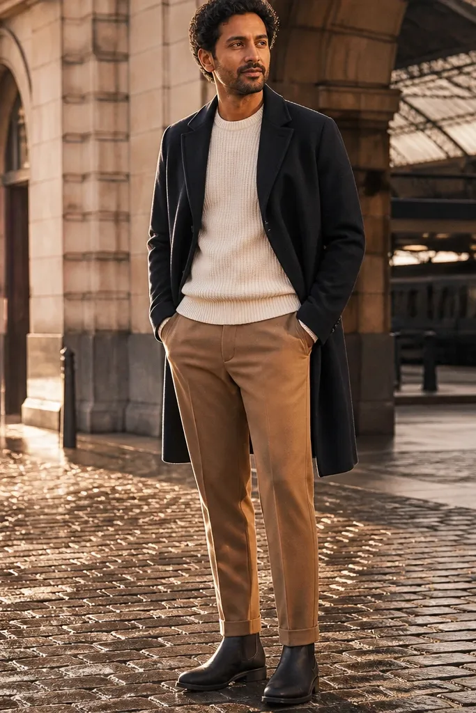 A man wearing a cream knit sweater over a black thermal layer. He has camel trousers and black Chelsea boots. The outer layer is a dark navy overcoat and he wears a simple black scarf.