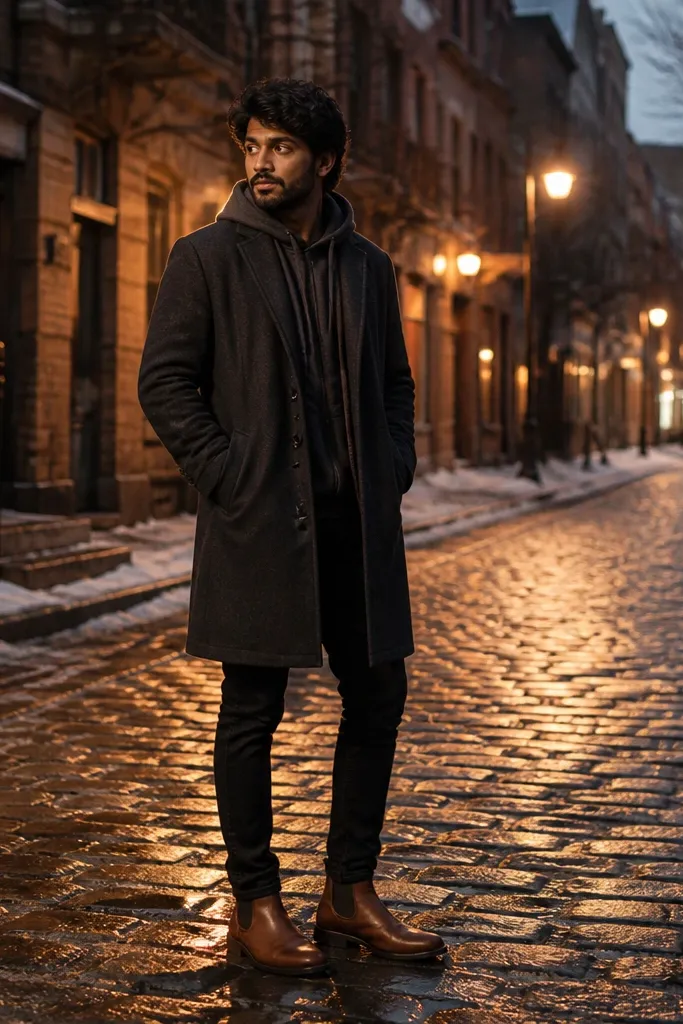 A man wearing a charcoal hoodie under a long black overcoat. He has black jeans and dark brown Chelsea boots. A black knit beanie and a dark scarf finish the outfit.