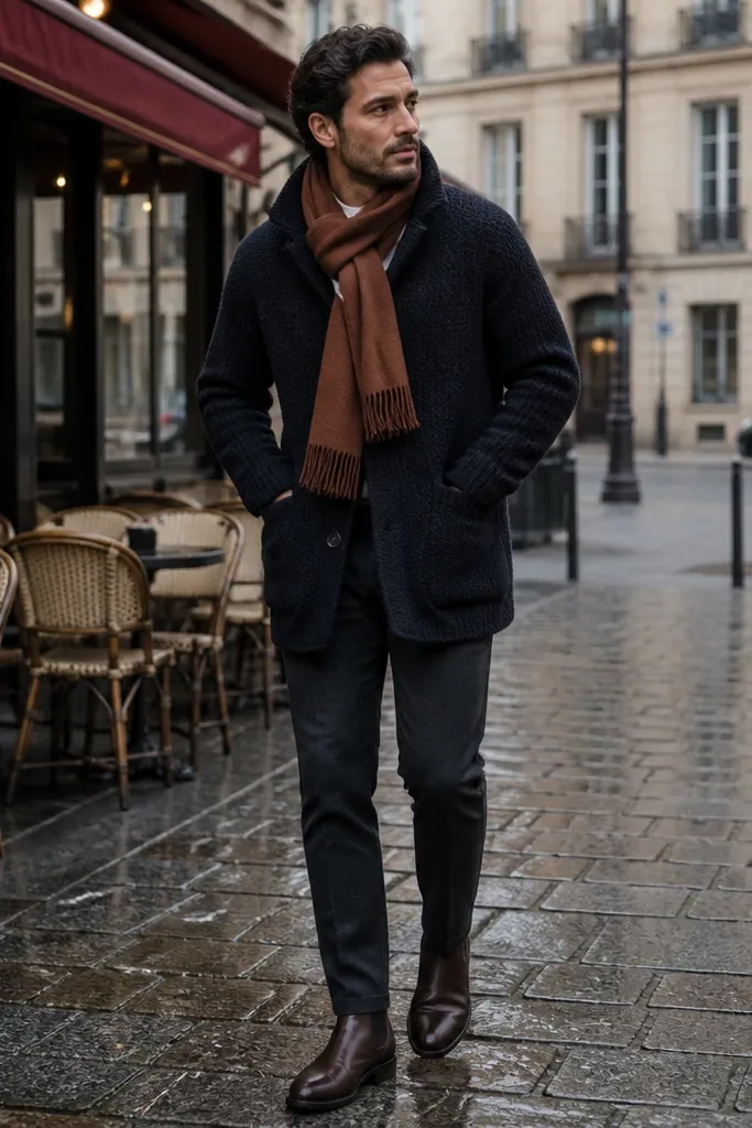 A man in a navy sweater coat over a white crewneck and dark trousers. He wears brown Chelsea boots with a rounded toe. A rust-orange scarf wraps around his neck.