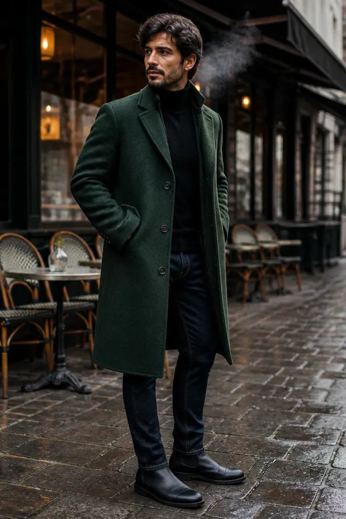 A man in a forest green overcoat over a black turtleneck and straight dark jeans. He wears black Chelsea boots and a green scarf. His hands are in coat pockets.