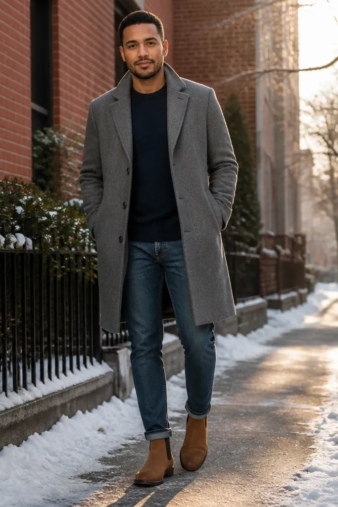 A man wearing a grey wool coat over a navy sweater. He has tan Chelsea boots and mid-wash denim. A light grey scarf and a brown leather belt are visible.