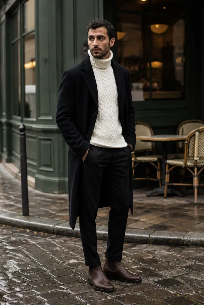 A man wearing a long black overcoat over a white cable turtleneck. He has black trousers and dark brown Chelsea boots. A black wool scarf wraps around his neck.