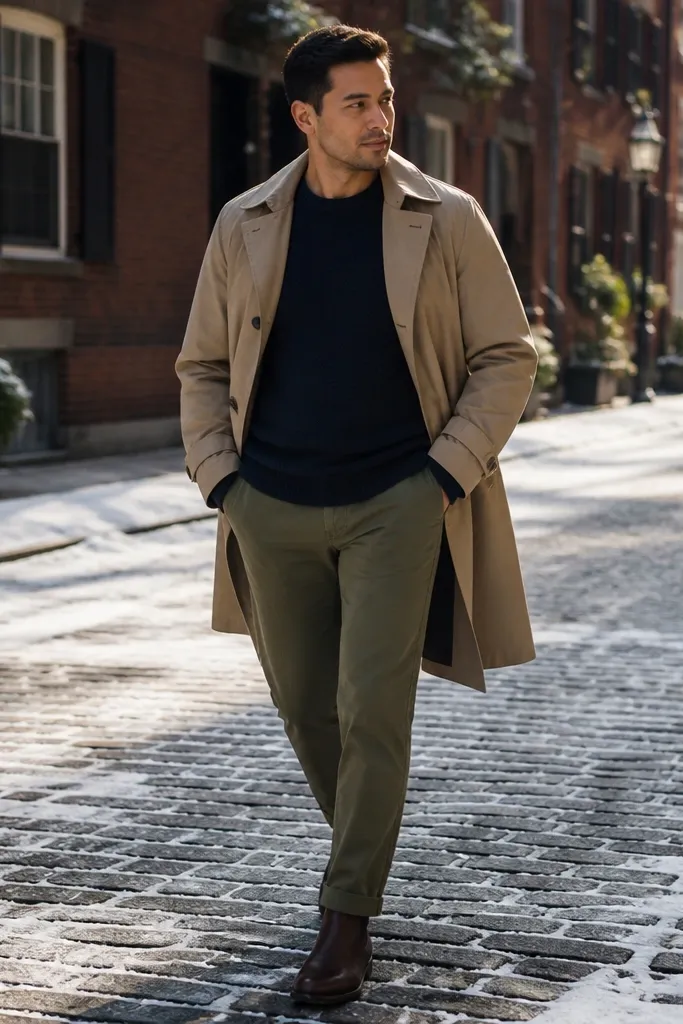 A man wearing a tan trench coat over a navy sweater. He has olive chinos and brown Chelsea boots. A navy scarf and a simple leather watch are visible.