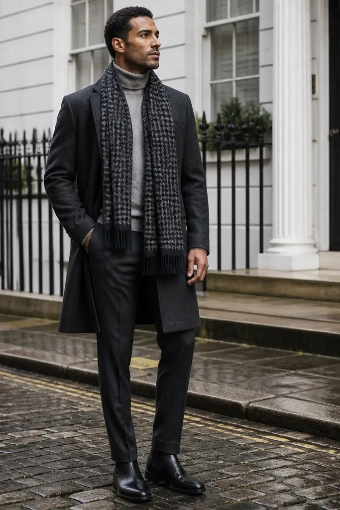 A man wearing a dark charcoal suit coat with matching trousers. He has a black Chelsea boot and a light grey turtleneck. A patterned wool scarf in charcoal and cream wraps around his neck.