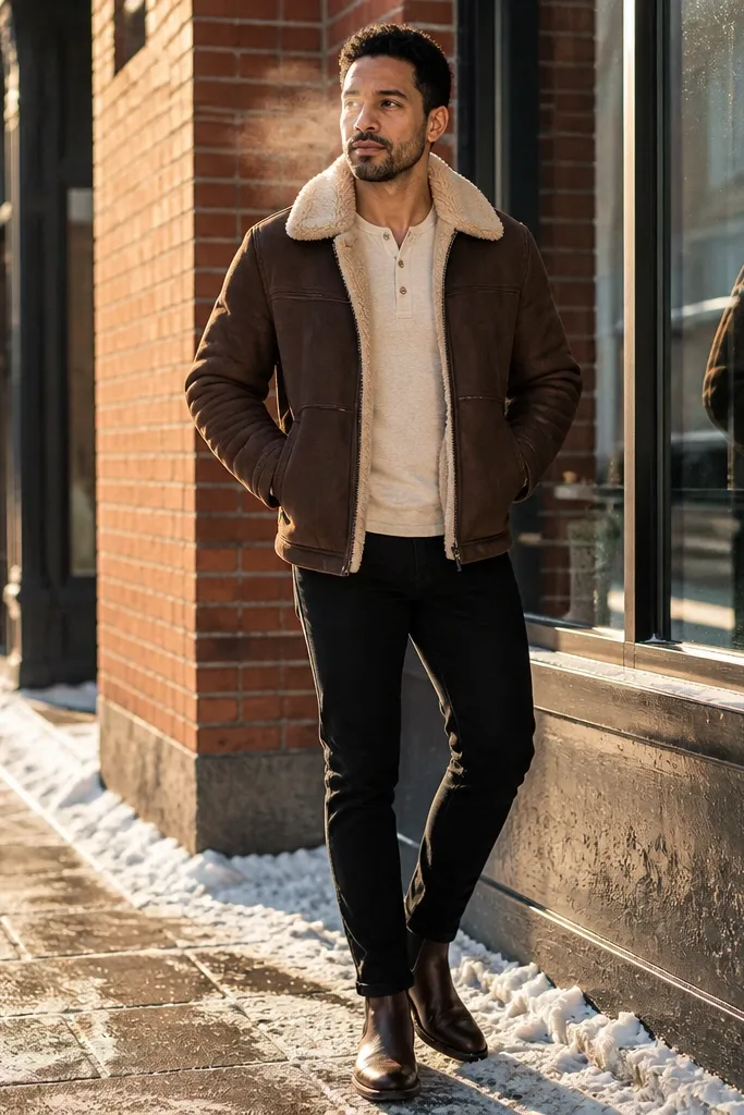 A man wearing a brown jacket with shearling lining over a cream henley. He has black jeans and brown Chelsea boots. A tan beanie and a dark leather belt are visible.