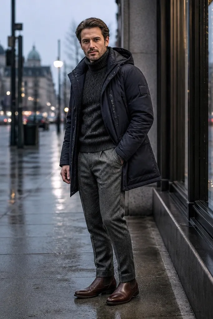 A man in a navy insulated parka over a dark sweater. He wears grey flannel trousers and brown Chelsea boots. He has a knit beanie and a thick scarf in grey.