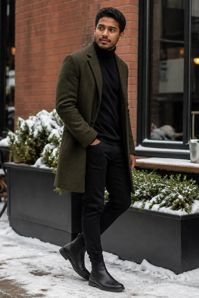 A man wearing an olive knit coat over a black turtleneck. He has slim black jeans and black Chelsea boots. A black scarf and black gloves are visible.