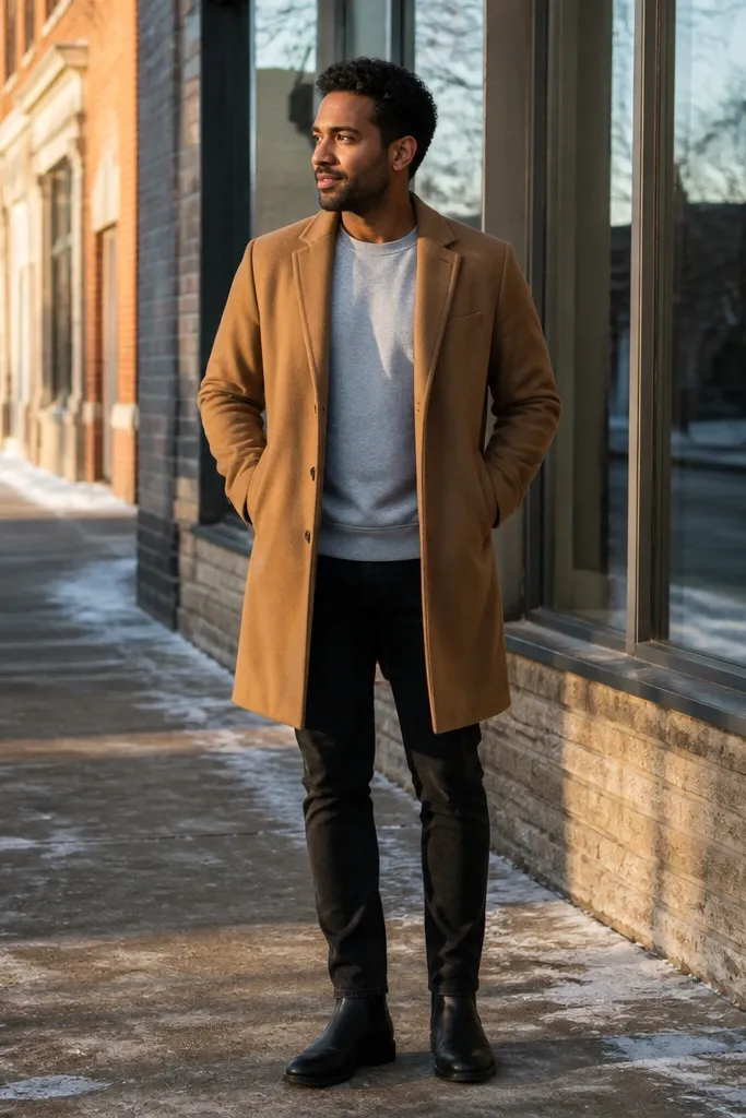 A man wearing a medium grey sweatshirt under a brown overcoat. He has black jeans and black Chelsea boots. A brown scarf and a simple leather messenger bag are visible.