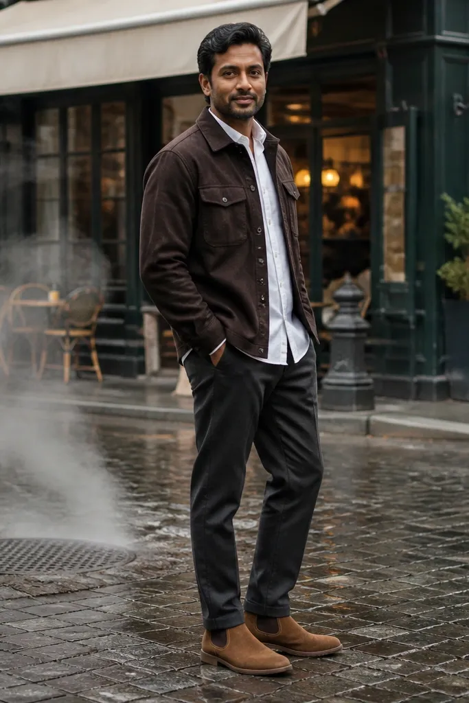 A man wearing a white button-down under a dark flannel overshirt. He has dark trousers and tan Chelsea boots. He's wearing a wool scarf in charcoal and a long dark coat over everything.