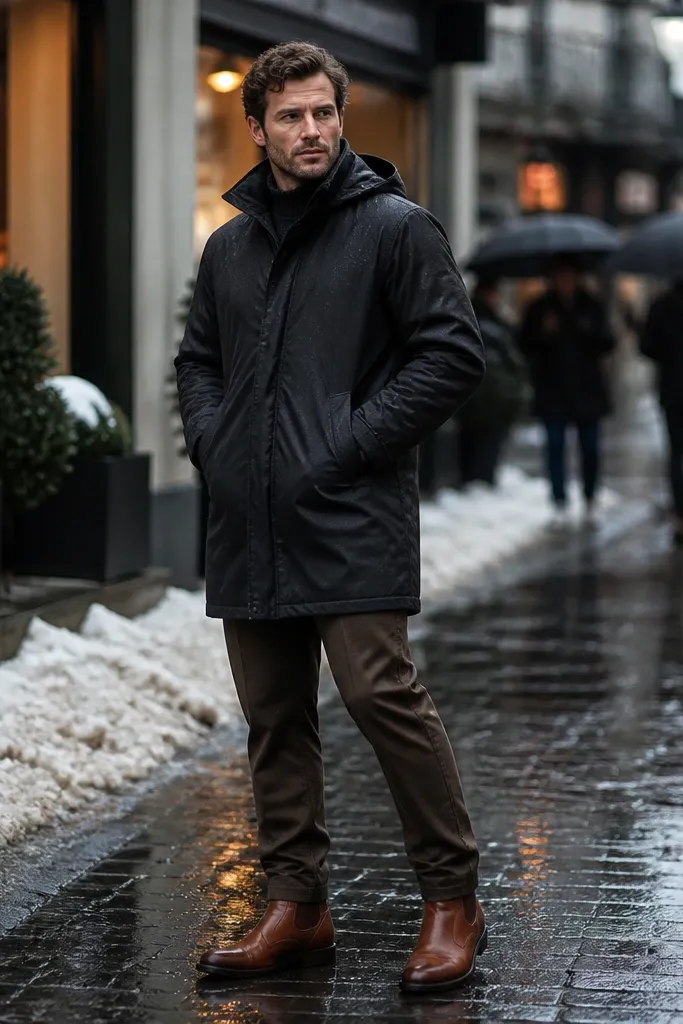 A man wearing a black raincoat over a dark sweater. He has dry-waxed looking trousers in deep brown and brown Chelsea boots. The scene shows a wet street reflection.