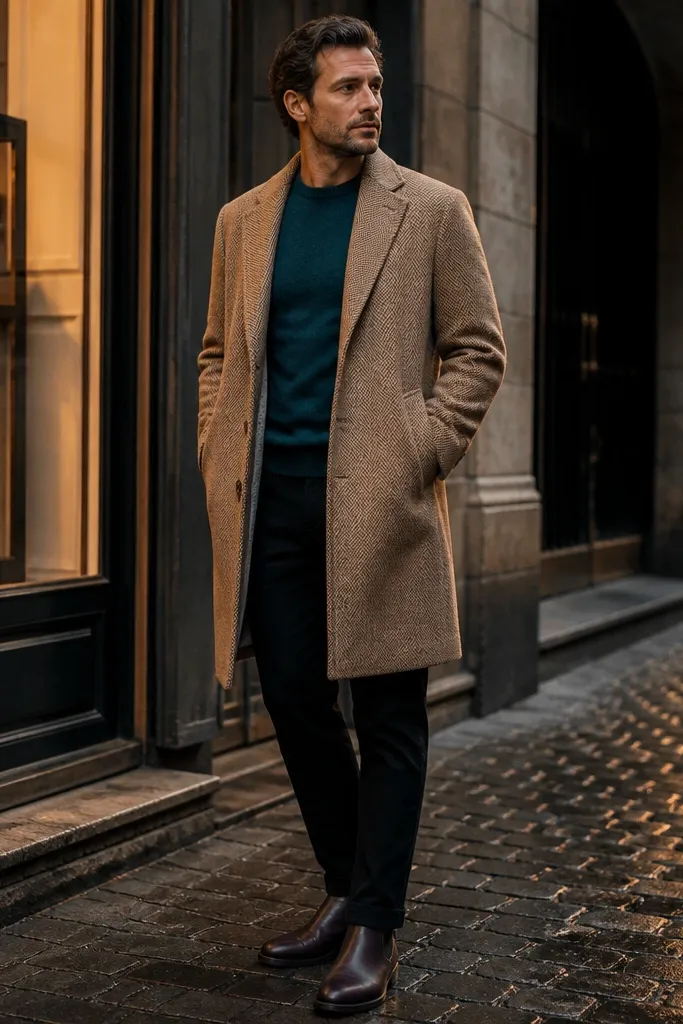 A man wearing a teal sweater under a camel overcoat. He has black chinos and dark brown Chelsea boots. A camel scarf and a dark leather belt are visible.