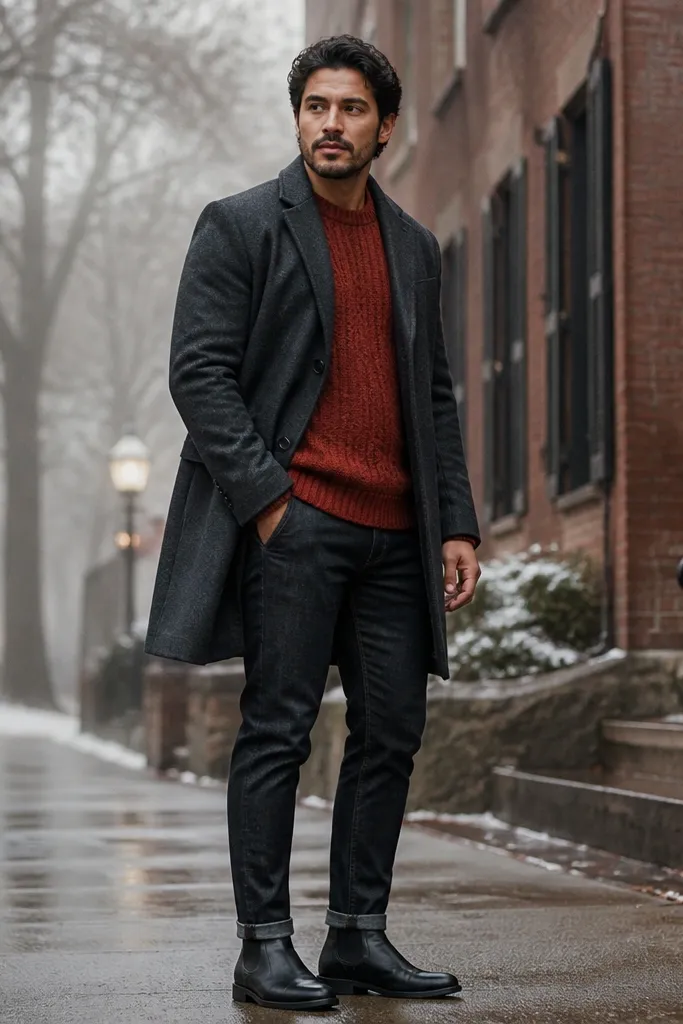 A man wearing a rust-orange knit sweater under a charcoal overcoat. He has black jeans and black Chelsea boots. A dark charcoal scarf and black leather gloves are visible.