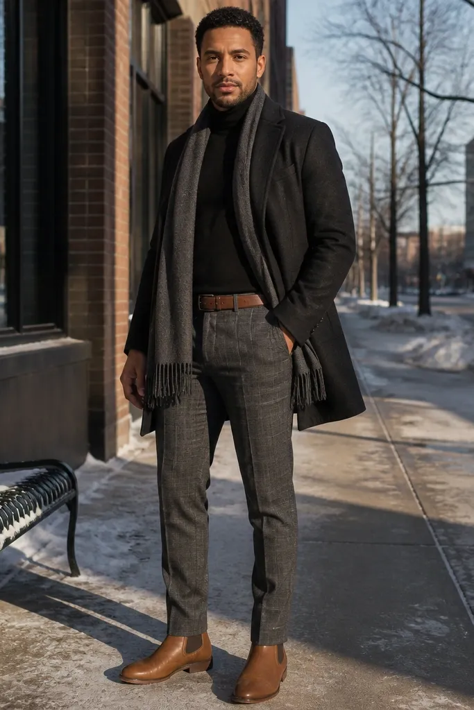 A man wearing a black turtleneck and grey flannel trousers. He has tan Chelsea boots with a rubber sole. A simple dark coat is worn open, and a minimal watch is visible.
