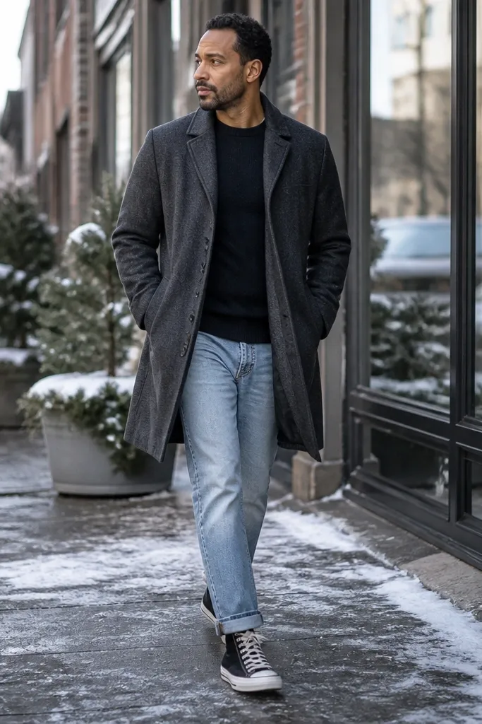 Black Converse with light wash tapered jeans and a charcoal wool coat