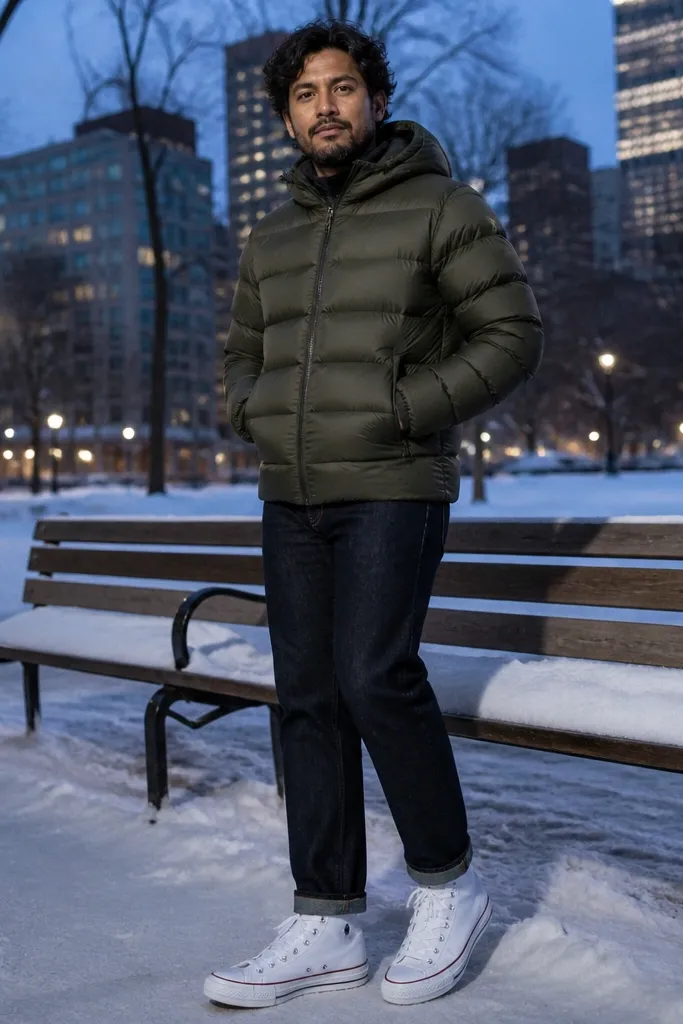 White Converse with dark straight jeans and an olive puffer jacket