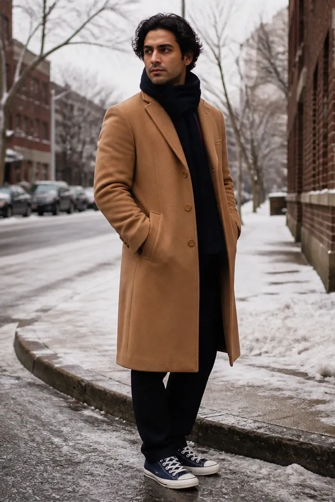 Navy Converse with black tapered chinos and a camel car coat