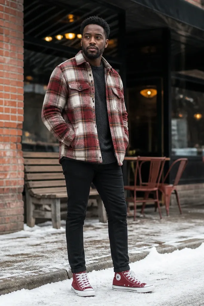Red Converse with plaid flannel overshirt and dark skinny jeans